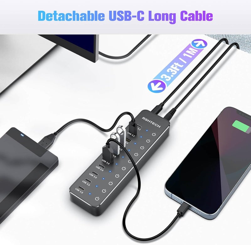 Rshtech 10 Ports Powered USB 3.2/USB C Hub Splitter 60W with 3 x 10Gbps USB 3.2 Ports (2C + 1A),7 x USB 3.0 Ports (4C + 3A), 3.3ft Cable and Individual Touch Switches for Laptop PC - Image 5